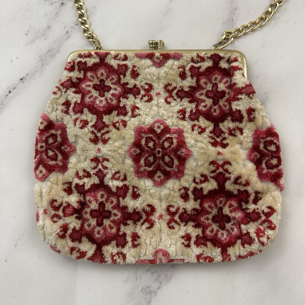 Vintage 70s Made in Japan Kisslock Frame Tapestry Bag Cream Red Floral Small - Picture 3 of 8